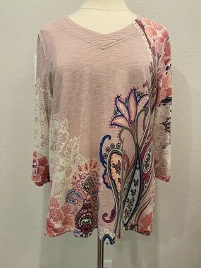 Chico's Pink Paisley V-Neck Tunic Sz Large 3/4 Sleeve